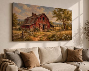 Panoramic Red Barn Canvas Print, Farmhouse Landscape Painting, Oversized Country Wall Art