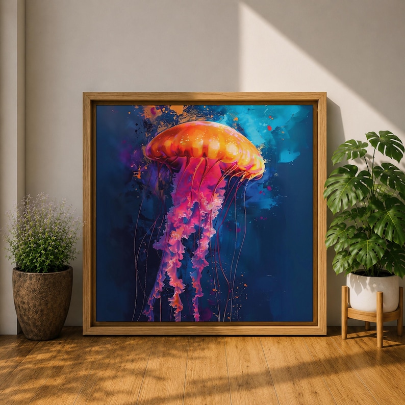 Jellyfish Wall Art Sea Nettle Framed Canvas Marine Life Abstract Ocean Coastal Home Decor
