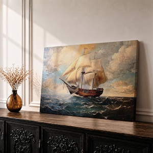 Vintage Sailboat Wall Art, Nautical Canvas Print, Ocean Ship Painting, Coastal Home Decor