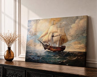 Cuadro de velero vintage para pared, impresión náutica en lienzo, pintura de barco oceánico, decoración costera para el hogar.