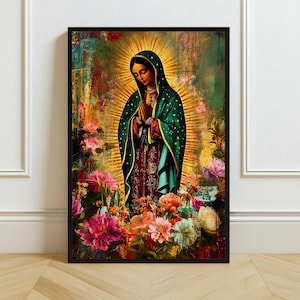 Virgin Mary Digital Art | Our Lady of Guadalupe Wall Print | Catholic Religious Decor | Floral Spiritual Download | Sacred Art