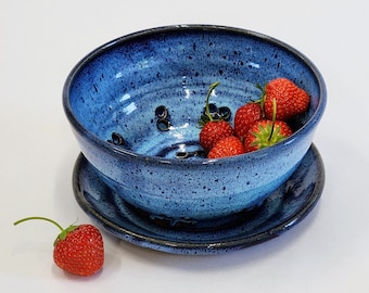 Berry Bowl Colander with Saucer / Indigo Deep Blue Fruit Bowl / Ships Now