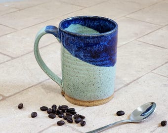 Handmade Ceramic Coffee Mug, 18 oz Mint Green and Blue Medium Cup
