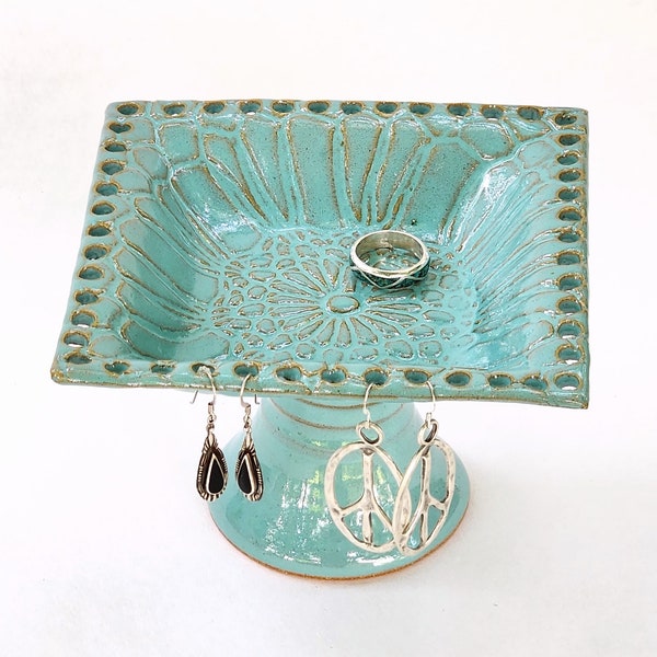 Earring Organizer / Blue Square Handmade Pottery Jewelry Storage / Ceramic Pedestal Bowl Organization for Long or Stud Earrings