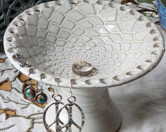 Handmade Ceramic Jewelry Organizer — Lace Pedestal Earring Holder with Vintage Lace Pattern