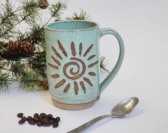 Extra Large Ceramic Mug, 20 ounce Handmade Pottery Coffee Lover's Drinking Stein, Seafoam Green Sun and Waves, ships now
