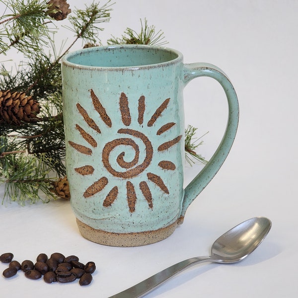 Extra Large Ceramic Mug, 20 ounce Handmade Pottery Coffee Lover's Drinking Stein, Seafoam Green Sun and Waves, ships now