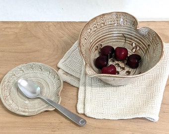 Berry Bowl Handmade Colander Set with Saucer Heart Shape Strainer Wheel Thrown