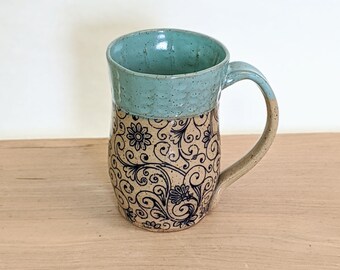 Pottery Mug Large Ceramic Curvy Stoneware Cup with Spirals and Flowers