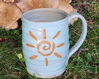 Large Ceramic Pottery Mug Handmade Sun and Waves
