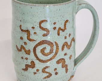 Extra Large Ceramic Mug, 20 + ounce Handmade Pottery Coffee Lover's Drinking Stein, Seaglass Green Radiant Rustic Sun