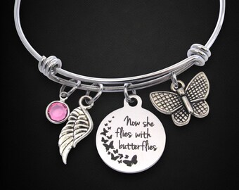 Personalized Butterfly Bracelet: Memorial Jewelry, Loss of Loved One, Now She Flies with Butterflies