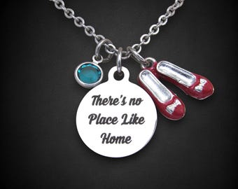 There's No Place Like Home Necklace, Red Ruby Slippers Charm & Birthstone