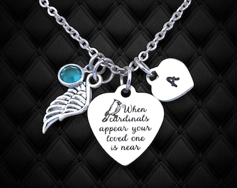 Cardinal Memorial Necklace, Personalized Initial & Birthstone,  When Cardinals Appear Your Loved One Is Near