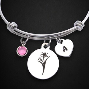 Daffodil Flower Bracelet w/ Initial Heart & Birthstone, March Birth Flower Jewelry, Daffodil Personalized Bracelet, Birthday Gift Wife