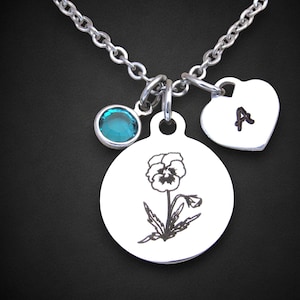 Violet Flower Necklace w/ Initial & Birthstone Crystal, February Birth Flower Jewelry, Birthday Gift Mother Daughter Wife Friend Gift