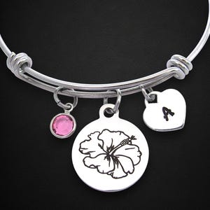 Hibiscus Flower Bracelet with Initial Heart and Birthstone, Personalized Initial Bracelet, Hibiscus Flower Jewelry, Birthday Gift Wife