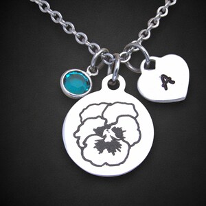 Violet Flower Necklace w/ Initial & Birthstone Crystal, February Birth Flower Jewelry, Birthday Gift Mother Daughter Wife Friend Gift