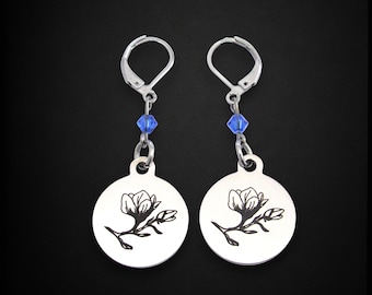 Magnolia Flower Earrings with Birthstone, Magnolia Jewelry, Birthday Gift for Mom Wife Friend