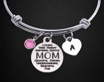 Personalized Mom Bracelet: Birthstone Initial Charm, Mom Birthday Jewelry Gift