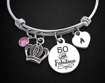 Personalized 50th Birthday Bracelet: Initial Heart, Birthstone Charm