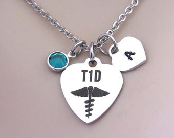 T1D Awareness Necklace, Initial Heart, Birthstone, Medical Alert Gift