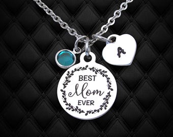 Mom Necklace with Birthstone and Personalized Initial Heart, Birthday Jewelry Gift Mother Mama