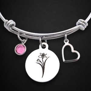 Daffodil Flower Bracelet w/ Birthstone, March Birth Flower Jewelry, Daffodil Bracelet, Personalized Birthday Gift Wife Sister Friend