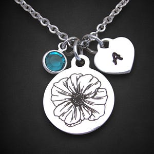 Poppy Flower Necklace w/ Initial & Birthstone, Poppy August Birth Flower Jewelry, Birthday Gift Mother Wife Friend, Birth Flower Jewelry