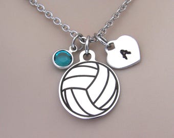 Volleyball Charm Necklace, Initial, Birthstone, Volleyball Jewelry