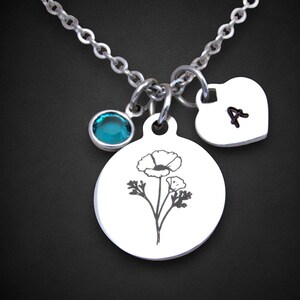 Poppy Flower Necklace w/ Initial & Birthstone, Poppy August Birth Flower Jewelry, Birthday Gift Mother Wife Friend, Birth Flower Jewelry