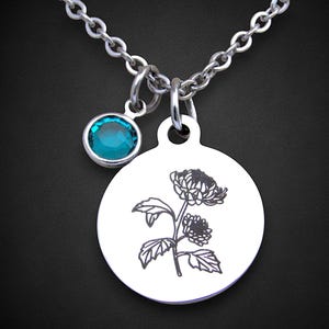 Chrysanthemum Flower Necklace w/ Birthstone, Mum Birth Flower Jewelry, November Birthday Gift Mother Daughter Wife Friend, Birth Necklace
