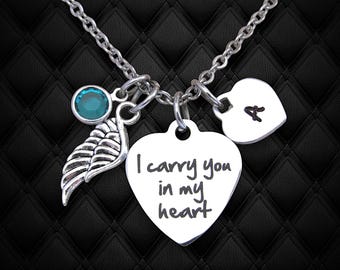 Memorial Necklace: Birthstone, Personalized Initial Heart - Remembrance Jewelry,  I Carry You in my Heart
