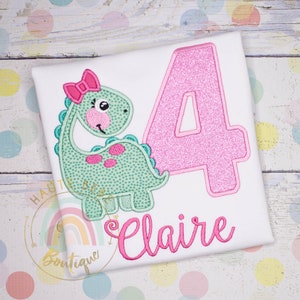 Chemise d'anniversaire personnalisée GIRLY DINO - Chemise brodée de brontosaure de dinosaure de fille - 1er 2 3 4 5 6 7 8 9e anniversaire ROAR Birthday Party