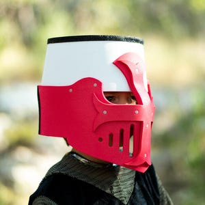 Knight Helmet Red Crusader Templar or Teutonic Knight | Great helm style costume mask | Fits Kids Hat Size 50cm, 19.7in to max 56cm, 22.5 in