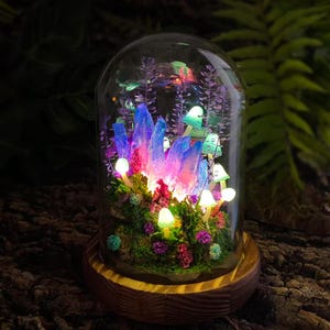 May include: A decorative glass dome terrarium featuring a vibrant display of illuminated crystals, mushrooms, and plants. The crystals glow with blue, purple, and pink hues, while the mushrooms emit a soft, warm light. The terrarium sits on a wooden base.