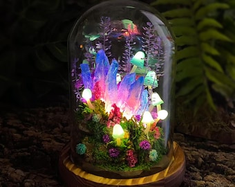 Lámpara de noche de cristal azul violeta encantada, lámpara de hongo azul hecha a mano, decoración de bosque fantástico, regalo sorpresa para amantes de la naturaleza, luz ambiental.