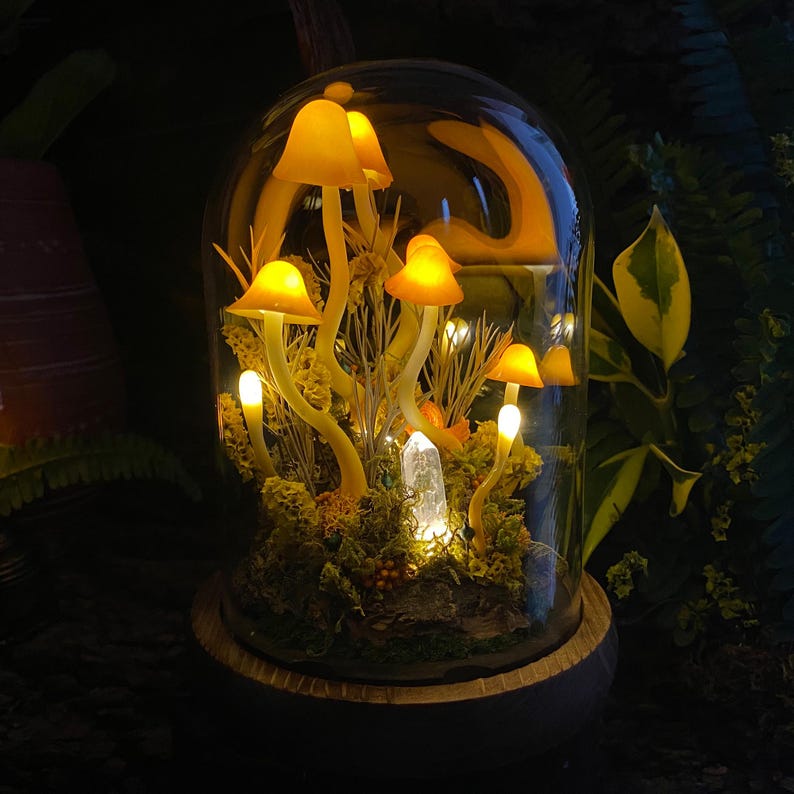 Puede incluir: Un terrario de c&uacute;pula de vidrio con una escena de bosque en miniatura que presenta hongos amarillos brillantes y un cristal transparente. La base del terrario est&aacute; hecha de madera.