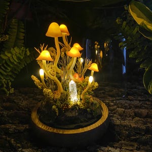Puede incluir: Una escena de bosque en miniatura con setas luminosas y un cristal en una base de madera. Las setas son amarillas y naranjas y tienen un aspecto m&aacute;gico y de cuento de hadas.