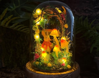 Handmade Mushroom Lamp with Bunny,  Enchanted Forest Mushroom Night Light, Whimsical Home Decor,Fantasy Accent Lamp, Gift for Girls Boys
