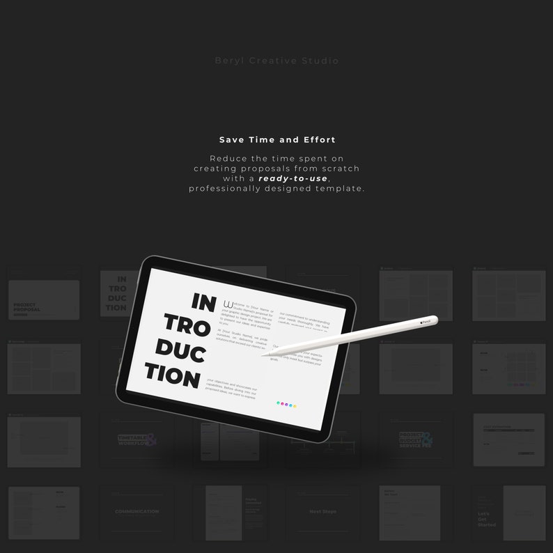 May include: A tablet computer displaying a proposal template with the text "Introduction" on the screen. The tablet is on a dark gray background with a white stylus next to it. The template includes sections for project proposal, communication, and more.