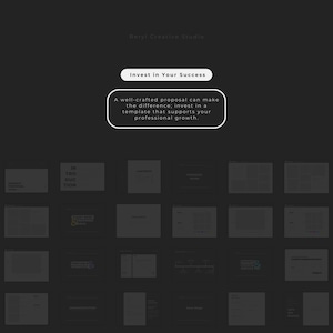 May include: A black and white image showing a proposal template with the text "Invest in Your Success" and "A well-crafted proposal can make the difference; invest in a template that supports your professional growth." The template includes sections for project proposal, introduction, company, services, pricing, communication, next steps, and let's get started.
