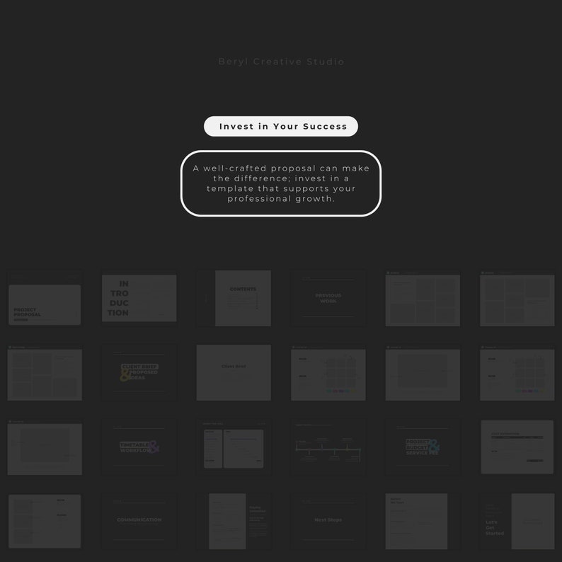 May include: A black and white image showing a proposal template with the text "Invest in Your Success" and "A well-crafted proposal can make the difference; invest in a template that supports your professional growth." The template includes sections for project proposal, introduction, company, services, pricing, communication, next steps, and let's get started.