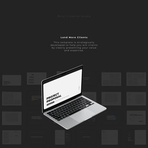 May include: A laptop computer displaying a project proposal template with the title "Project Proposal". The template is designed to help businesses win clients by clearly presenting their value and expertise. The laptop is on a dark gray background with a grid of smaller squares.