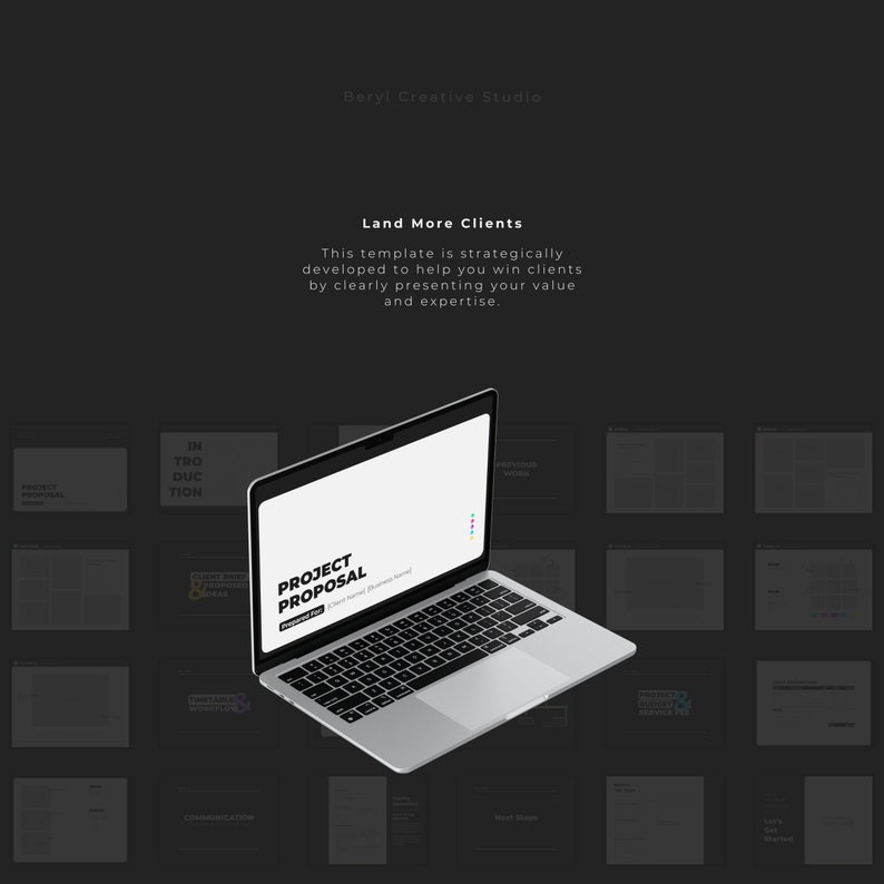 May include: A laptop computer displaying a project proposal template with the title "Project Proposal". The template is designed to help businesses win clients by clearly presenting their value and expertise. The laptop is on a dark gray background with a grid of smaller squares.