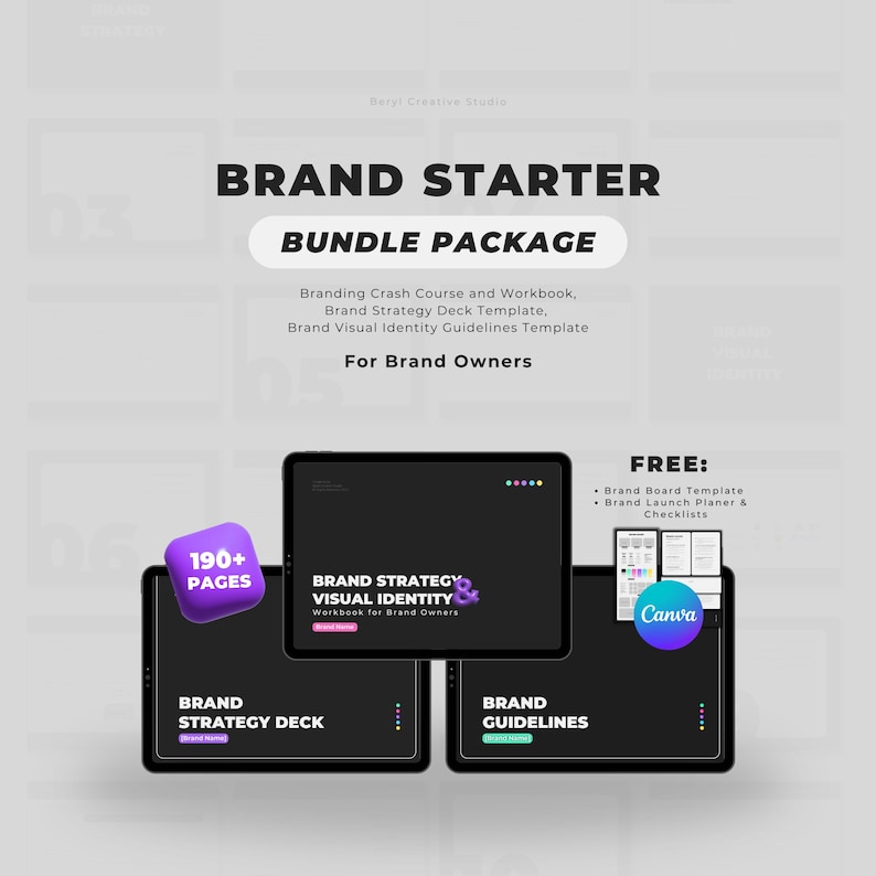 May include: A digital marketing bundle package for brand owners, featuring a workbook with over 190 pages, a brand strategy deck, and brand guidelines. The bundle includes free templates for a brand board, launch planner, and checklists. The image features a Canva logo.