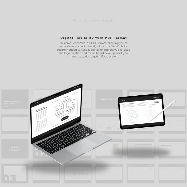 May include: A laptop and tablet computer displaying a digital product with the text "Digital Flexibility with PDF Format". The product is a PDF document that can be used for interactive exercises like logo creation and mood board development. The text also states that the product can be printed.