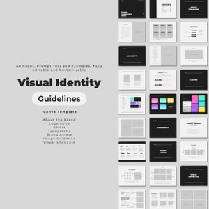 May include: A visual identity guideline template for Canva. The template includes sections for brand guidelines, logo suite, colors, typography, brand assets, and a visual showcase.