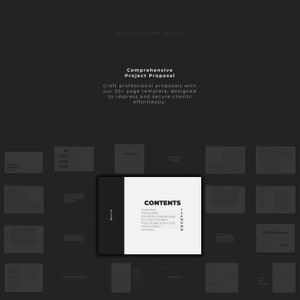 May include: A black and white image of a project proposal template with the title "Comprehensive Project Proposal" and a table of contents listing the sections included in the proposal. The sections include: Introduction, Previous Work, Client Brief & Proposed Design, Time Table & Workflow, Project Budget & Service Fee, Communication, and Next Steps.