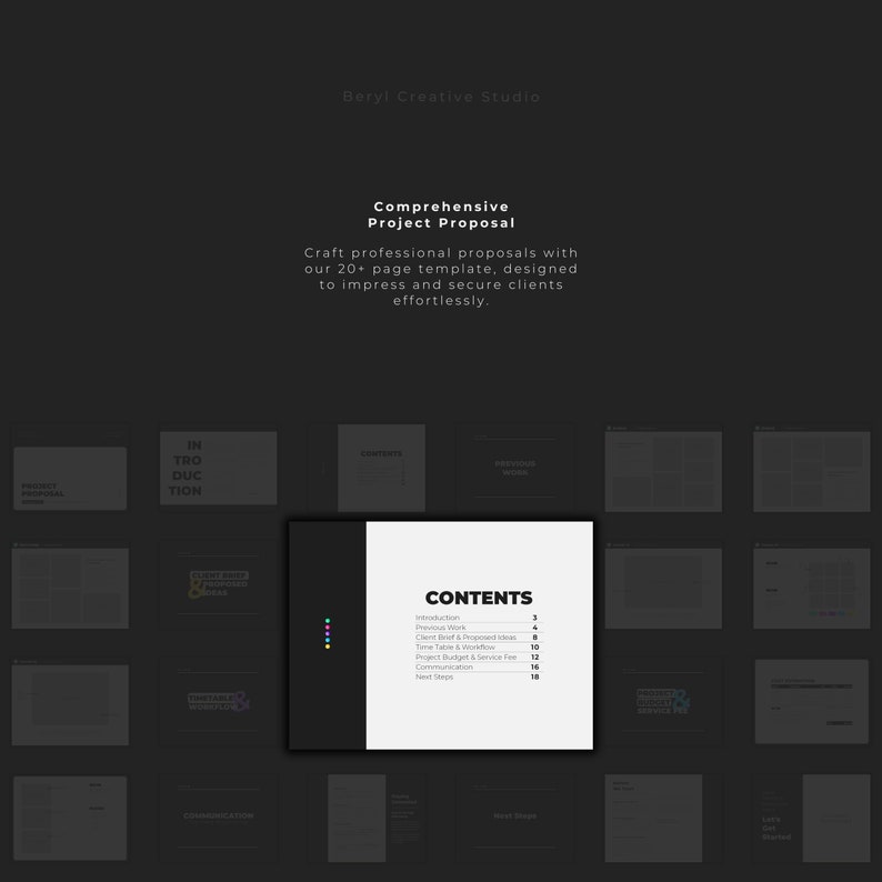 May include: A black and white image of a project proposal template with the title "Comprehensive Project Proposal" and a table of contents listing the sections included in the proposal. The sections include: Introduction, Previous Work, Client Brief & Proposed Design, Time Table & Workflow, Project Budget & Service Fee, Communication, and Next Steps.